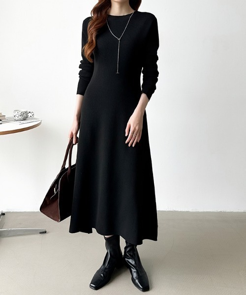 セール】【選べる2タイプ】 フレアニットワンピース シンプル 配色