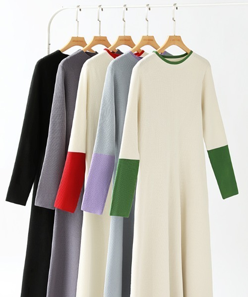 セール】【選べる2タイプ】 フレアニットワンピース シンプル 配色