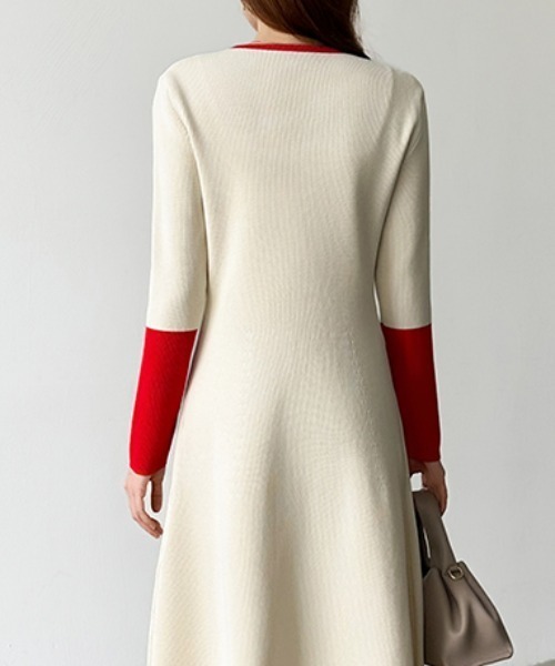 セール】【選べる2タイプ】 フレアニットワンピース シンプル 配色