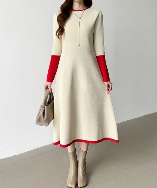 セール】【選べる2タイプ】 フレアニットワンピース シンプル 配色