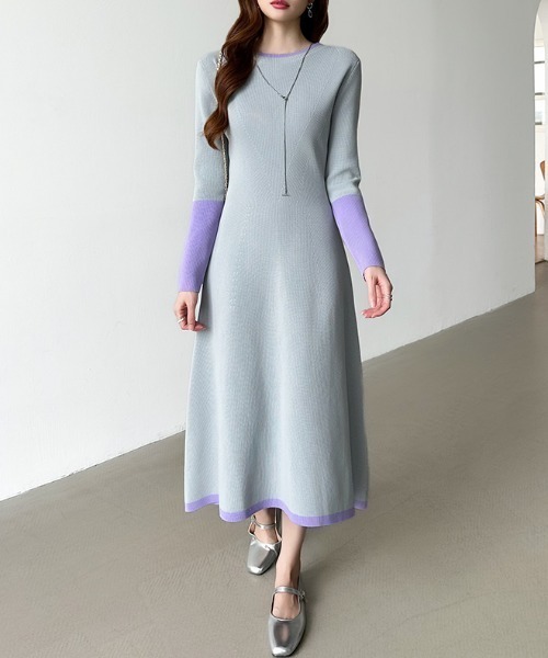 セール】【選べる2タイプ】 フレアニットワンピース シンプル 配色