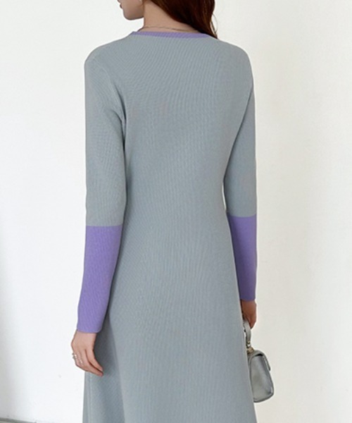 セール】【選べる2タイプ】 フレアニットワンピース シンプル 配色