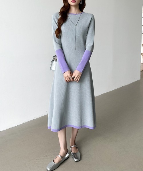 セール】【選べる2タイプ】 フレアニットワンピース シンプル 配色