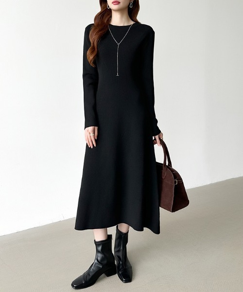 セール】【選べる2タイプ】 フレアニットワンピース シンプル 配色