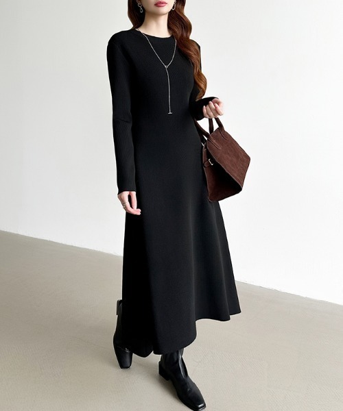 セール】【選べる2タイプ】 フレアニットワンピース シンプル 配色