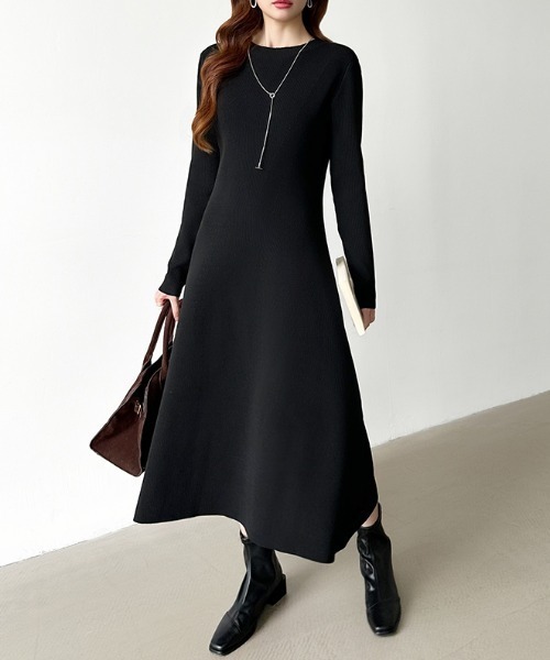 セール】【選べる2タイプ】 フレアニットワンピース シンプル 配色