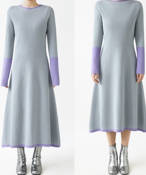 セール】【選べる2タイプ】 フレアニットワンピース シンプル 配色