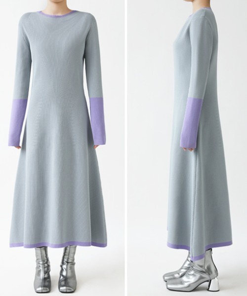 セール】【選べる2タイプ】 フレアニットワンピース シンプル 配色