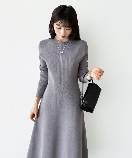 セール】【選べる2タイプ】 フレアニットワンピース シンプル 配色