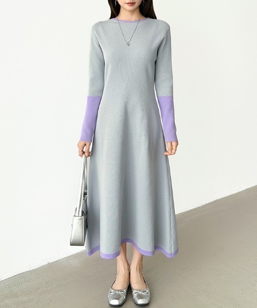 セール】【選べる2タイプ】 フレアニットワンピース シンプル 配色