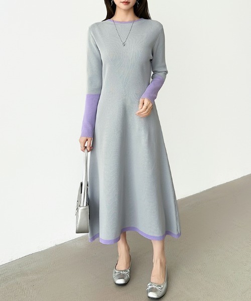 セール】【選べる2タイプ】 フレアニットワンピース シンプル 配色