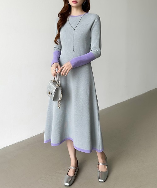 セール】【選べる2タイプ】 フレアニットワンピース シンプル 配色