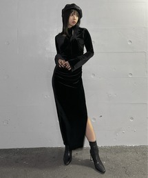 【LVEU.】マルチウェイベロアリボンワンピース / ワンピース ワンピ ベロア リボン カットアウト ロング タイト 長袖 2way ブラック ZOZOTOWN限定