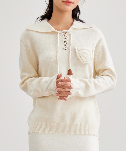 Lace Ladies(レースレディース)の「襟付き レースアップ ニット ポケット付き プルオーバー(ニット/セーター・レディース・チャコールグレー/グレー/アイボリー・FREE)」の1枚目の写真
