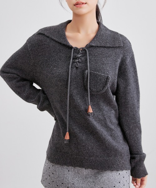 Lace Ladies(レースレディース)の「襟付き レースアップ ニット ポケット付き プルオーバー(ニット/セーター・レディース・チャコールグレー/グレー/アイボリー・FREE)」の14枚目の写真