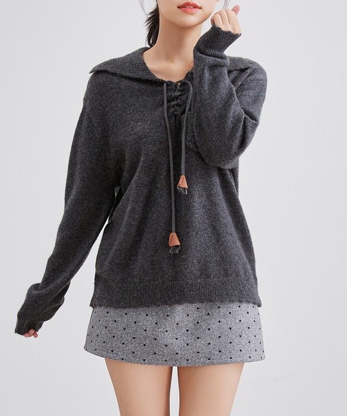 Lace Ladies(レースレディース)の「襟付き レースアップ ニット ポケット付き プルオーバー(ニット/セーター・レディース・チャコールグレー/グレー/アイボリー・FREE)」の18枚目の写真