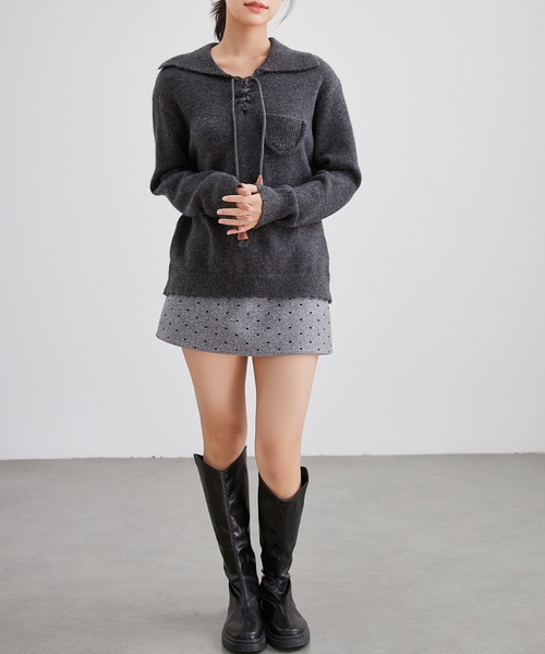 Lace Ladies(レースレディース)の「襟付き レースアップ ニット ポケット付き プルオーバー(ニット/セーター・レディース・チャコールグレー/グレー/アイボリー・FREE)」の16枚目の写真