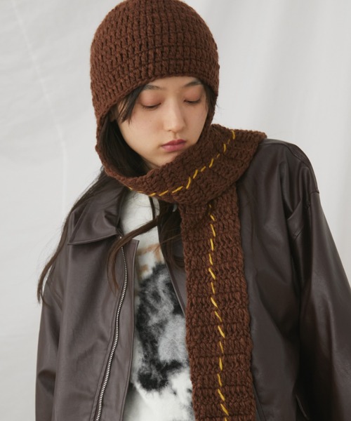 カラーステッチマフラー付きニット帽（ニットキャップ/ビーニー