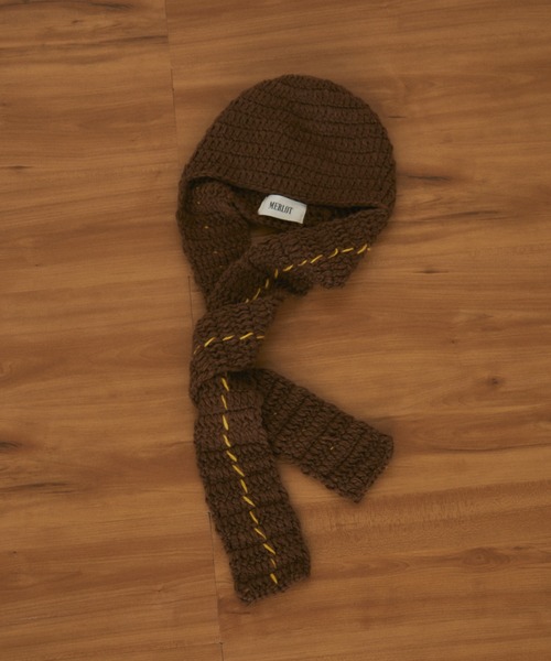 MERLOT（メルロー）の「カラーステッチマフラー付きニット帽（ニットキャップ/ビーニー・レディース・ブラウン/ホワイト・FREE）」の8枚目の写真