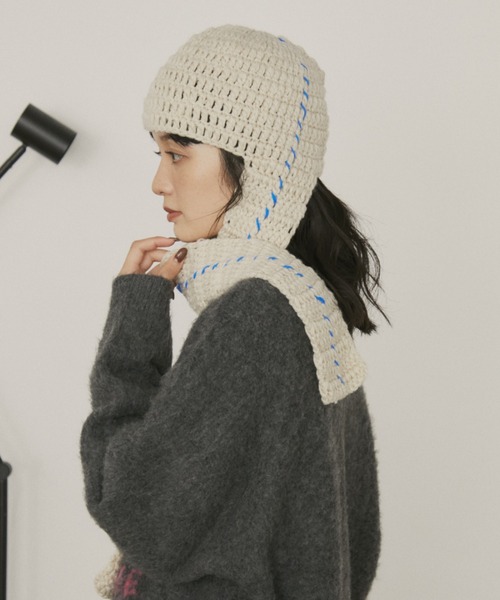 カラーステッチマフラー付きニット帽（ニットキャップ/ビーニー