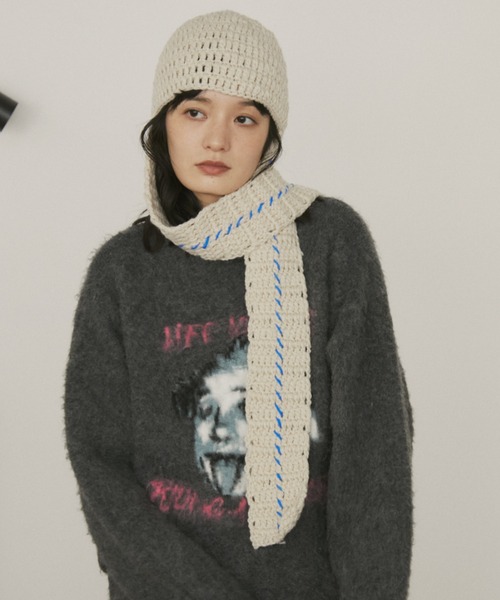 MERLOT（メルロー）の「カラーステッチマフラー付きニット帽（ニットキャップ/ビーニー・レディース・ブラウン/ホワイト・FREE）」の12枚目の写真