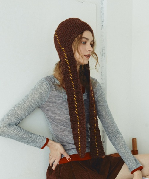 MERLOT（メルロー）の「カラーステッチマフラー付きニット帽（ニットキャップ/ビーニー・レディース・ブラウン/ホワイト・FREE）」の18枚目の写真