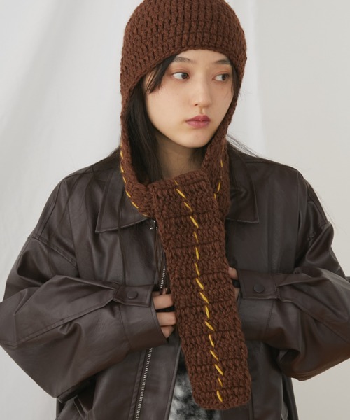 カラーステッチマフラー付きニット帽（ニットキャップ/ビーニー