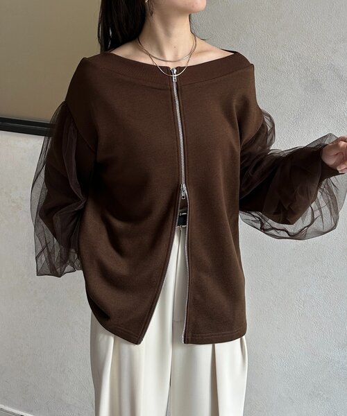 Thevon（ゼボン）の「袖チュールWジップ裏毛プルオーバー（Tシャツ/カットソー・レディース・ブラック/ブラウン/グレー・FREE）」の3枚目の写真