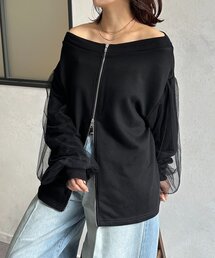 Thevon | 袖チュールWジップ裏毛プルオーバー(Tシャツ/カットソー)