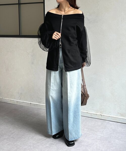 Thevon（ゼボン）の「袖チュールWジップ裏毛プルオーバー（Tシャツ/カットソー・レディース・ブラック/ブラウン/グレー・FREE）」の7枚目の写真