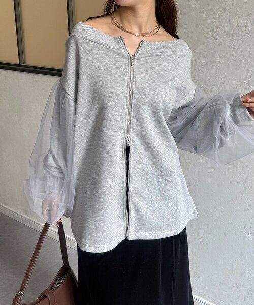 Thevon（ゼボン）の「袖チュールWジップ裏毛プルオーバー（Tシャツ/カットソー・レディース・ブラック/ブラウン/グレー・FREE）」の4枚目の写真