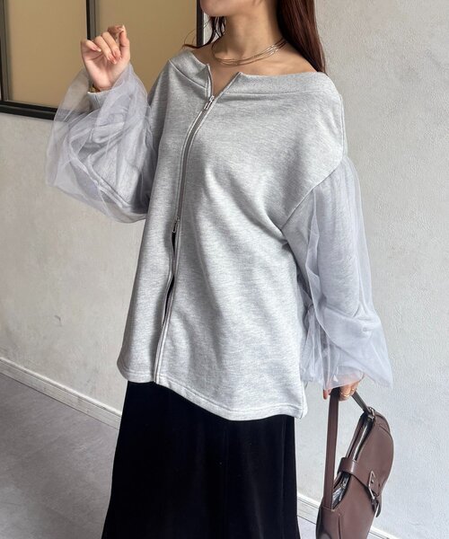 Thevon（ゼボン）の「袖チュールWジップ裏毛プルオーバー（Tシャツ/カットソー・レディース・ブラック/ブラウン/グレー・FREE）」の9枚目の写真