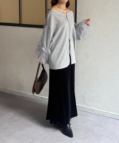 Thevon（ゼボン）の「袖チュールWジップ裏毛プルオーバー（Tシャツ/カットソー・レディース・ブラック/ブラウン/グレー・FREE）」の14枚目の写真