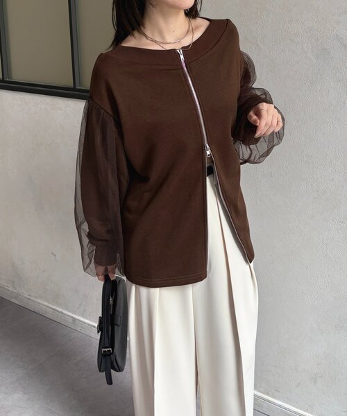 Thevon（ゼボン）の「袖チュールWジップ裏毛プルオーバー（Tシャツ/カットソー・レディース・ブラック/ブラウン/グレー・FREE）」の15枚目の写真