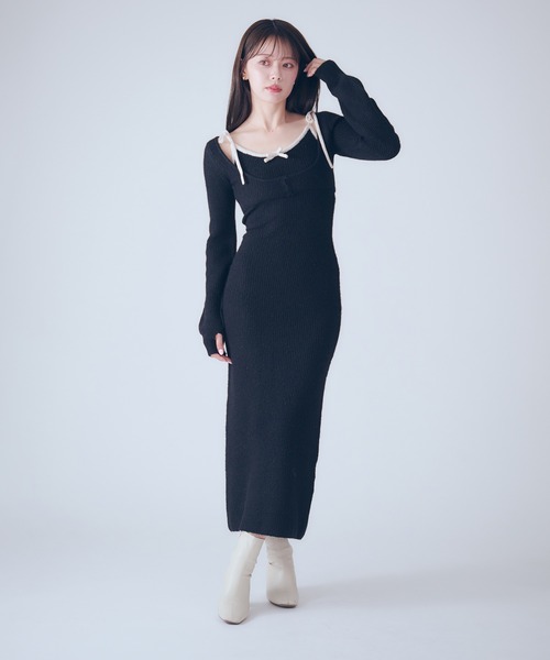 fupel バイカラーアンサンブルニットロングワンピース bicolor ensemble knit long onepiece / バイカラーアンサンブルニット