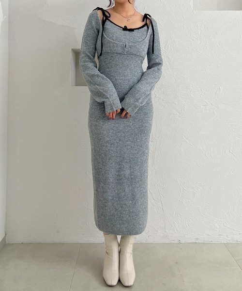 bicolor ensemble knit long onepiece / バイカラーアンサンブルニット