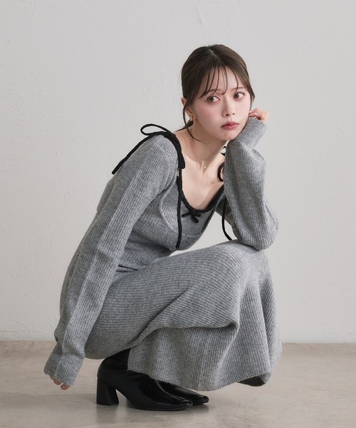 bicolor ensemble knit long onepiece / バイカラーアンサンブルニット