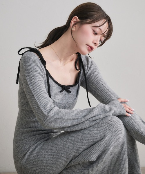 bicolor ensemble knit long onepiece / バイカラーアンサンブルニット