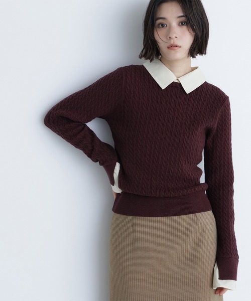 NATURAL BEAUTY BASIC(ナチュラルビューティーベーシック)の「◇シャツカラードッキングケーブルニット(ニット/セーター・レディース・ブルー系その他6/グレー系その他/ブラウン系その他・FREE)」の1枚目の写真