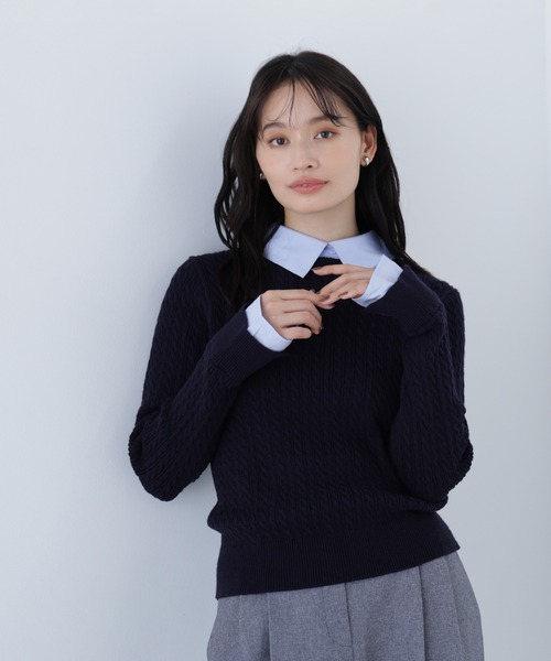 【超人気デザイン】カラー☆ビッグケーブル ドッキング ニット ウール ◇シャツカラードッキングケーブルニット（ニット/セーター）｜NATURAL