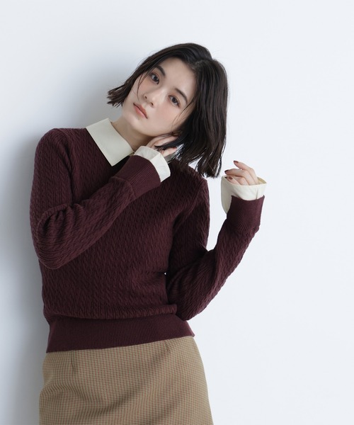 NATURAL BEAUTY BASIC(ナチュラルビューティーベーシック)の「◇シャツカラードッキングケーブルニット(ニット/セーター・レディース・ブルー系その他6/グレー系その他/ブラウン系その他・FREE)」の4枚目の写真