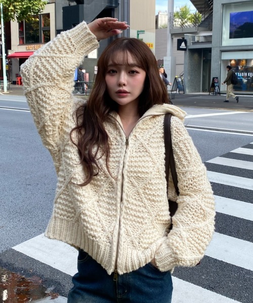 RAY CASSIN（レイカズン）の「柄編みニットブルゾン（ニット/セーター・レディース・ブラウン/チャコールグレー/アイボリー・FREE）」の2枚目の写真