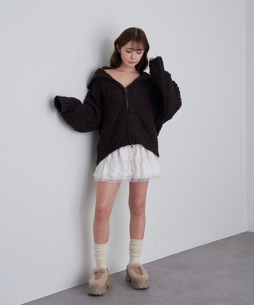 RAY CASSIN（レイカズン）の「柄編みニットブルゾン（ニット/セーター・レディース・ブラウン/チャコールグレー/アイボリー・FREE）」の9枚目の写真