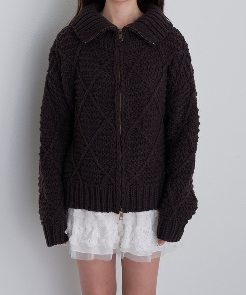 RAY CASSIN（レイカズン）の「柄編みニットブルゾン（ニット/セーター・レディース・ブラウン/チャコールグレー/アイボリー・FREE）」の12枚目の写真