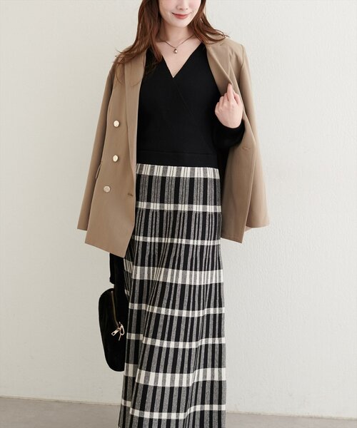 natural couture（ナチュラルクチュール）の「【WEB限定】カシュクールチェックニットワンピース（ワンピース・レディース・ベージュ/ブラウン/ブラック・FREE）」の7枚目の写真