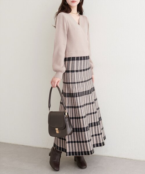 natural couture（ナチュラルクチュール）の「【WEB限定】カシュクールチェックニットワンピース（ワンピース・レディース・ベージュ/ブラウン/ブラック・FREE）」の18枚目の写真