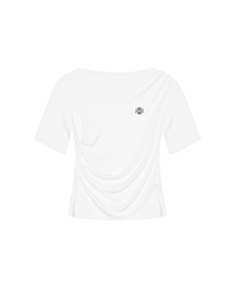 NICK&NICOLE（ニックアンドニコール）の「HALF SHIRRING DRAPE BOAT NECK TOP_WHITE（Tシャツ/カットソー）」