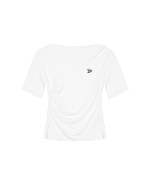 NICK&NICOLE(ニックアンドニコール)の「HALF SHIRRING DRAPE BOAT NECK TOP_WHITE(Tシャツ/カットソー・レディース・ホワイト・FREE)」の1枚目の写真