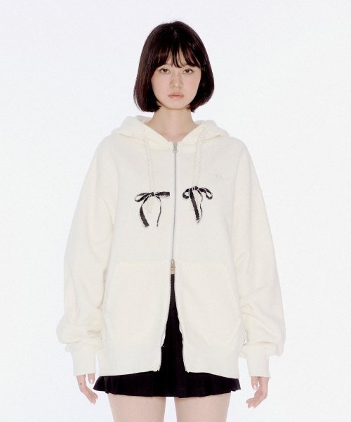 RIBBON DETAIL HOOD ZIP-UP WHITE（パーカー）｜YOUHEE（ユヒ）の