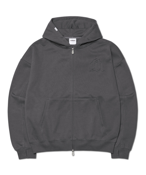 OVERLAY LOGO HOODED ZIP-UP - CHARCOAL（パーカー）｜NOMANUAL